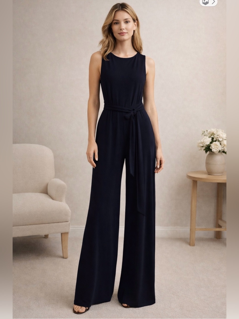 Lauren Ralph Lauren Navy Sleeveless Wide-Leg Belted Jumpsuit Size 12